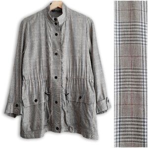 ZARA Safari Jacket Plaid Check Light Short Utility Coat Button Gray Cream Sz M